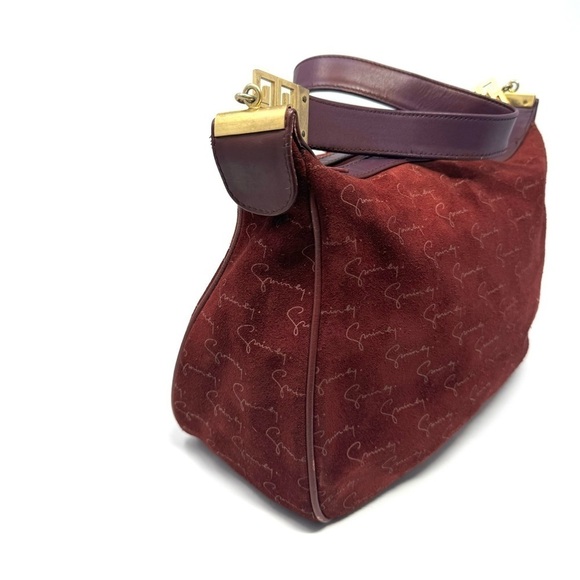 Givenchy Vintage Burgundy Suede Shoulder Bag – Gold Logo, Rare 90s Style - Picture 4 of 12